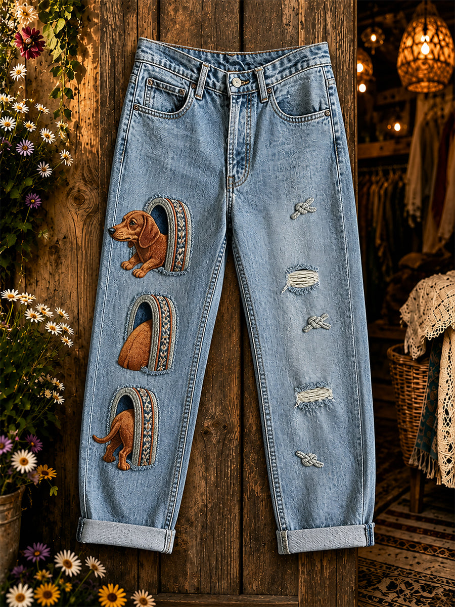 Women's Casual Jeans with Vintage Animal Art Print