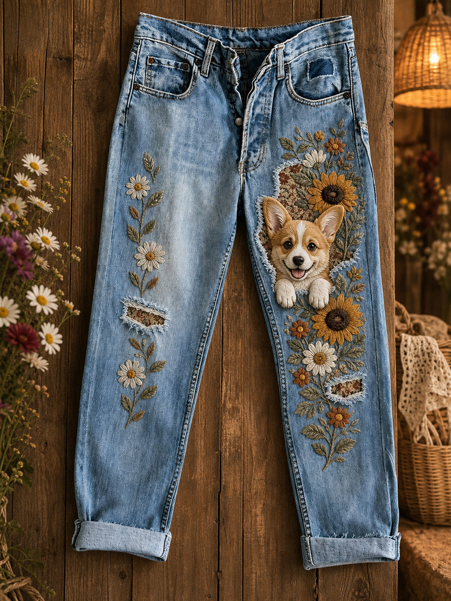Women's Casual Jeans with Vintage Animal Art Print