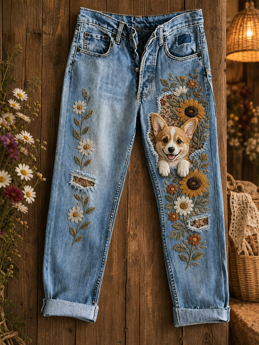 Women's Casual Jeans with Vintage Animal Art Print