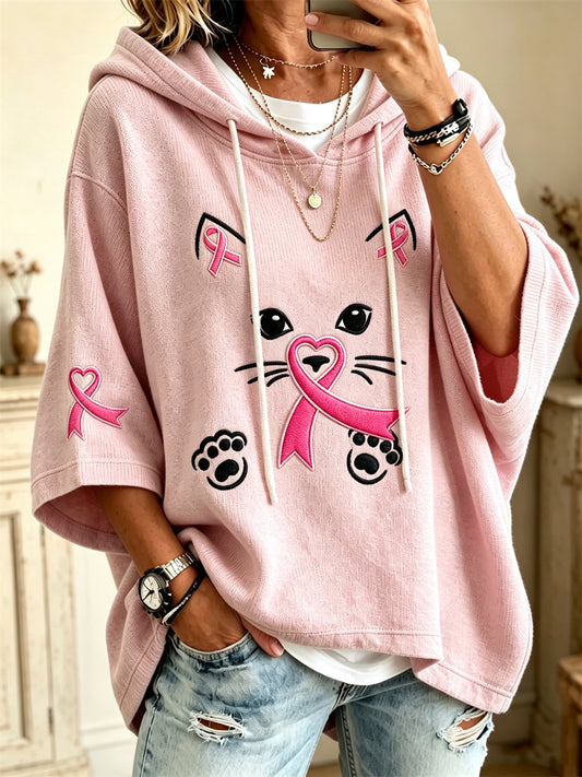 Women’s Lovely Cat Face & Pink Ribbon Print Mid Sleeve Oversize Hoodie