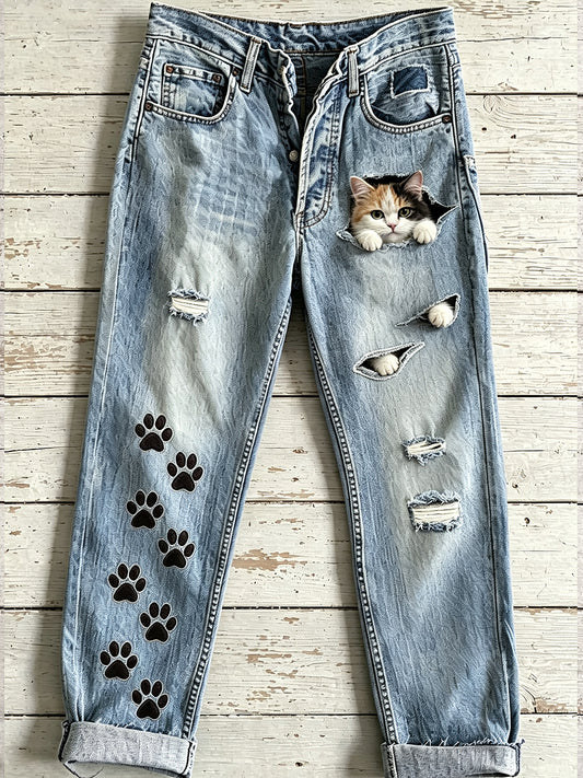 Women's Animal Cat Art Print Flared Trousers
