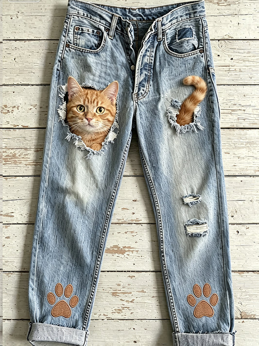Women's Animal Cat Art Print Flared Trousers