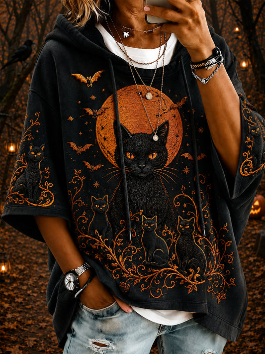 Women's Halloween Black Cats Print Casual 3/4 Sleeve Hoodie