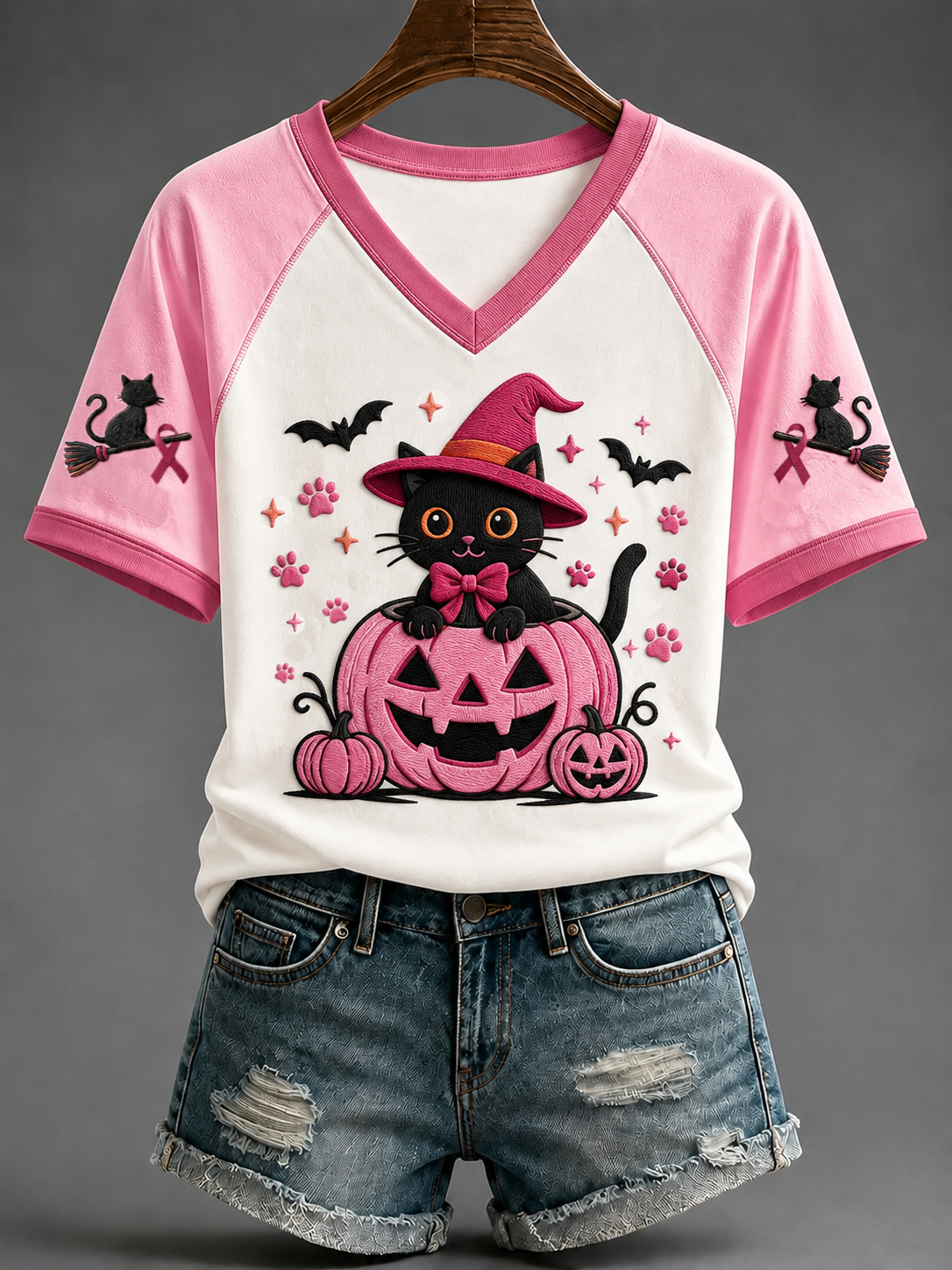 Women's Breast Cancer V-neck Off-shoulder Short-sleeved T-shirt