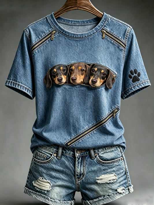 Women's Animal Dog Zipper Printed Vintage Fashion Loose Short Sleeve T-Shirt
