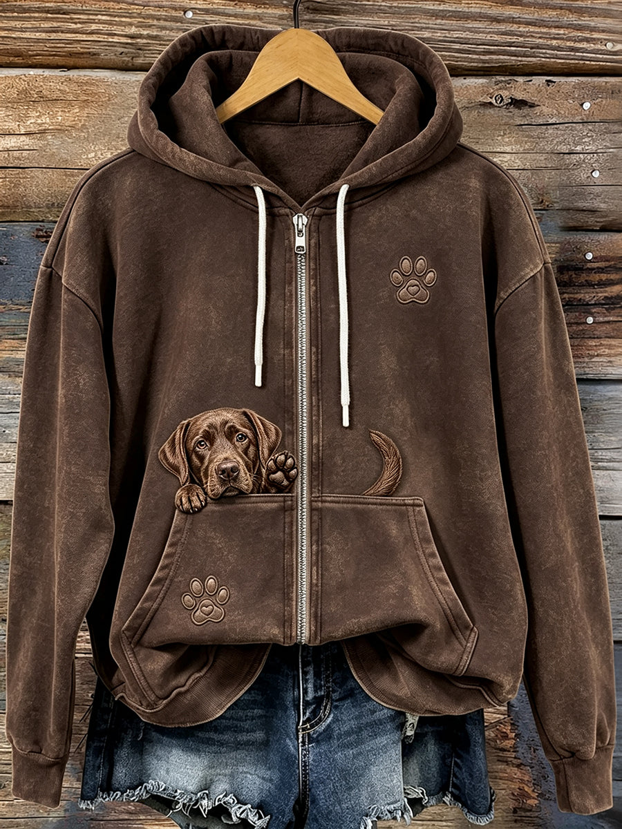 Women's Cute Peeking Chocolate Labrador Retriever & Paw Print Zip-Up Hoodie
