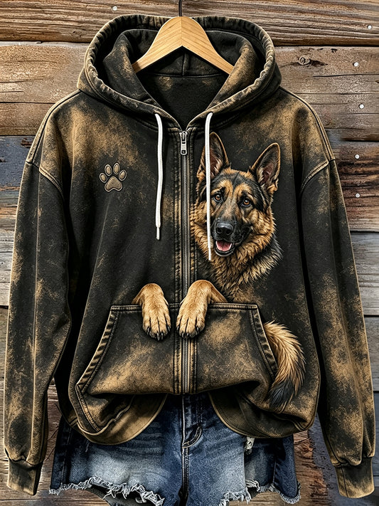 Women's Cute Peeking German Shepherd & Paw Print Cozy Zip-Up Hoodie
