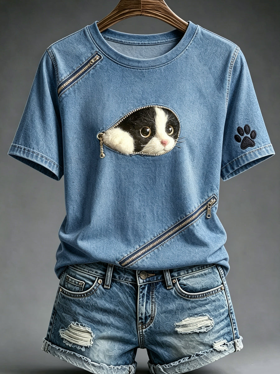 Women's Animal Cat Zipper Printed Vintage Fashion Loose Short Sleeve T-Shirt