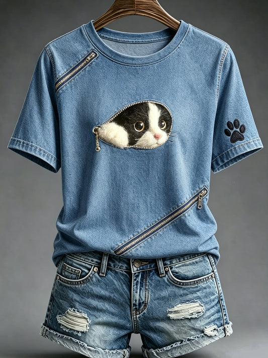 Women's Animal Cat Zipper Printed Vintage Fashion Loose Short Sleeve T-Shirt