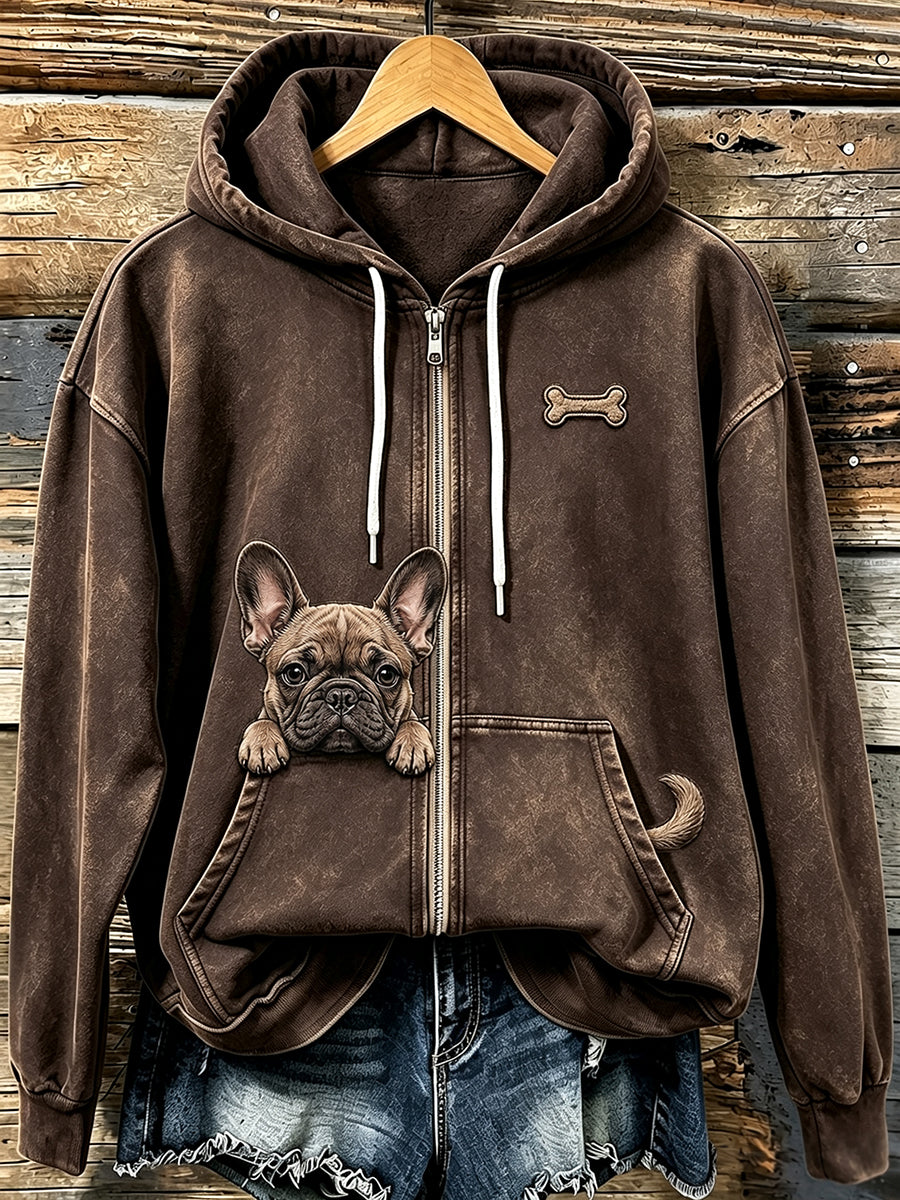 Women's Cute Peeking French Bulldog & Bone Print Cozy Zip-Up Hoodie
