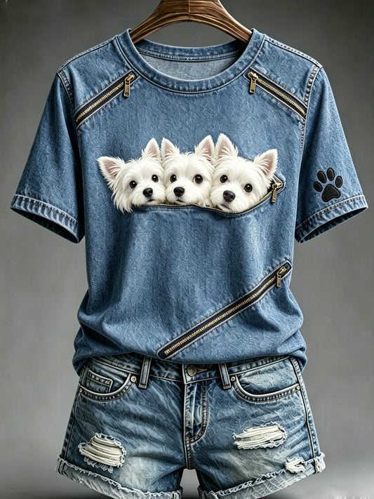 Women's Animal Dog Zipper Printed Vintage Fashion Loose Short Sleeve T-Shirt