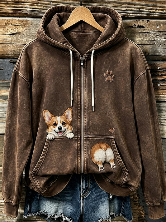 Women's Cute Peeking Corgi & Paw Print Cozy Zip-Up Hoodie