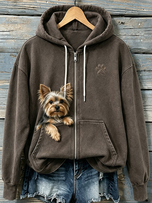 Women's Cute Peeking Yorkshire Terrier & Paw Print Cozy Zip-Up Hoodie