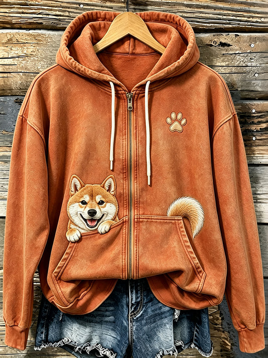 Women's Cute Peeking Shiba Inu & Paw Print Cozy Zip-Up Hoodie