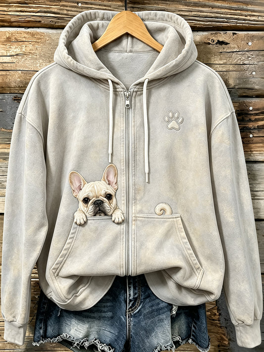 Women's Cute Peeking French Bulldog & Paw Print Cozy Zip-Up Hoodie