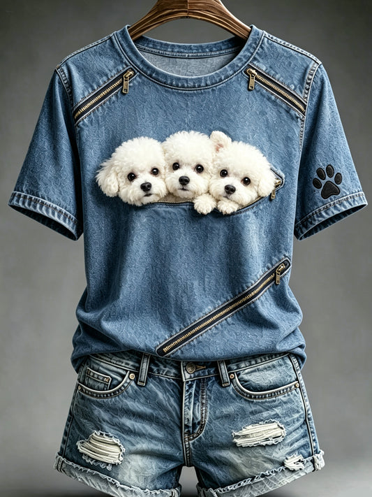 Women's Animal Dog Zipper Printed Vintage Fashion Loose Short Sleeve T-Shirt
