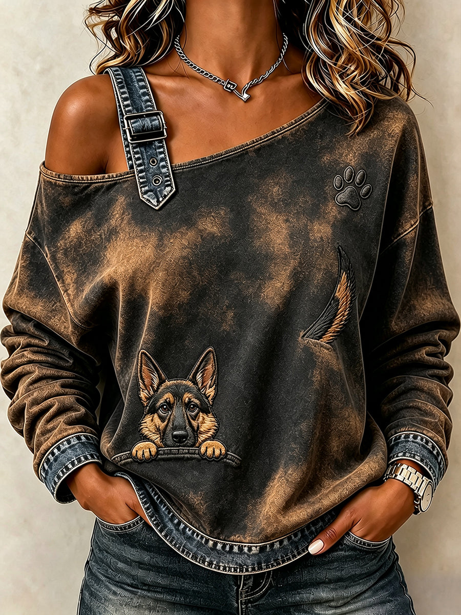 Women's Peeking German Shepherd & Paw Print Comfy Off-Shoulder Sweatshirt