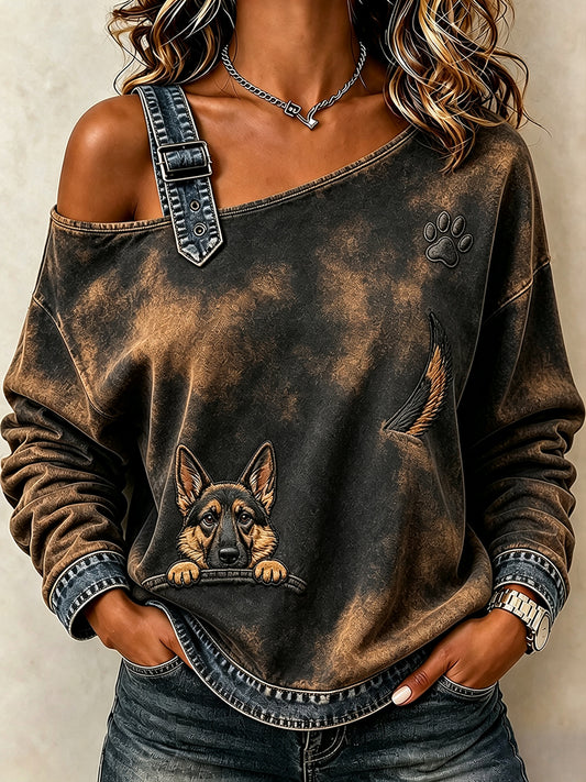Women's Peeking German Shepherd & Paw Print Comfy Off-Shoulder Sweatshirt