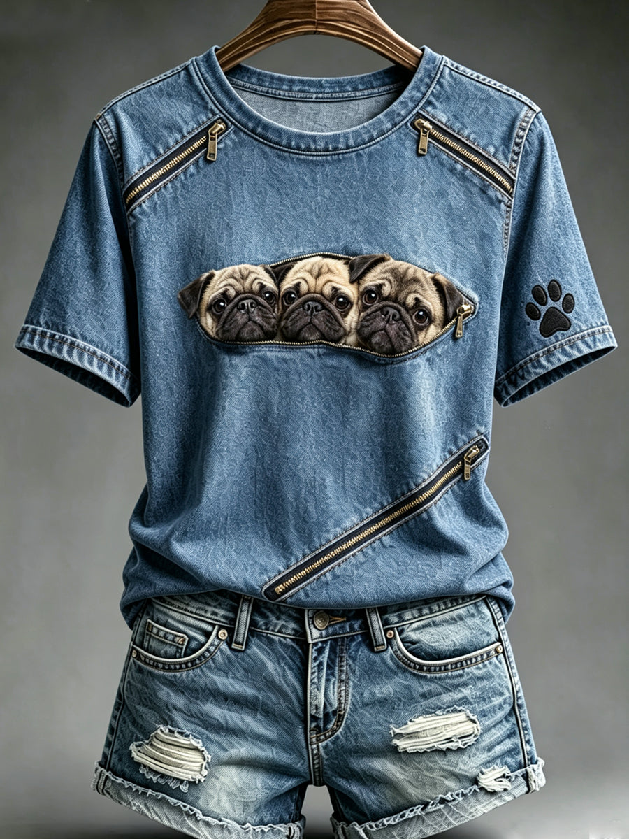 Women's Animal Dog Zipper Printed Vintage Fashion Loose Short Sleeve T-Shirt