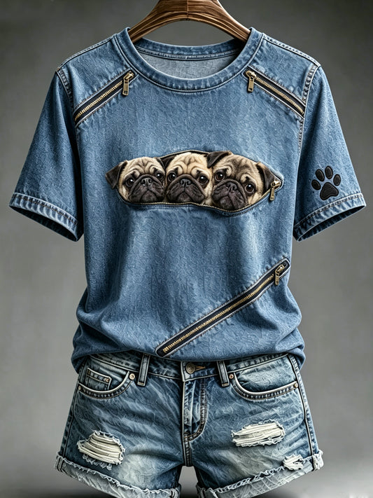 Women's Animal Dog Zipper Printed Vintage Fashion Loose Short Sleeve T-Shirt