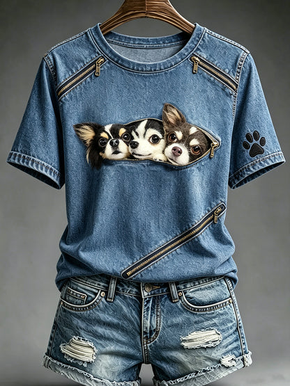 Women's Animal Dog Zipper Printed Vintage Fashion Loose Short Sleeve T-Shirt