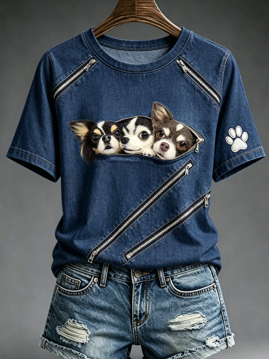 Women's Animal Dog Zipper Printed Vintage Fashion Loose Short Sleeve T-Shirt