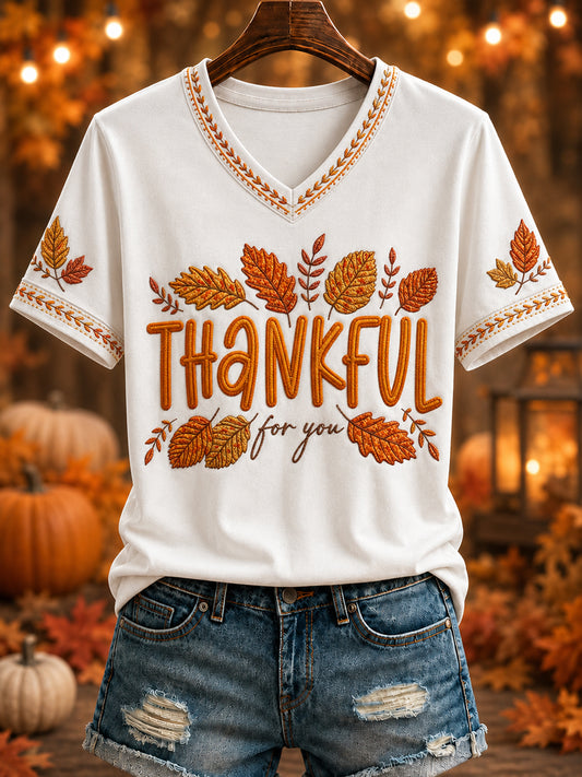 Women's “THANKFUL for you” Printed V-neck T-shirt