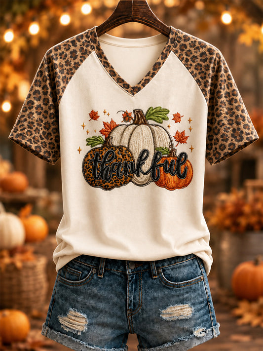 Women's “thankful” Printed V-neck T-shirt