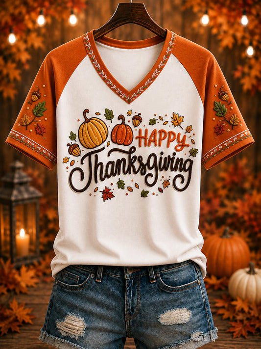 Women's “HAPPY Thanksgiving” Printed V-neck T-shirt