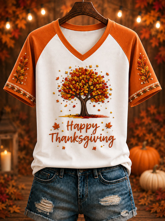 Women's “HAPPY Thanksgiving” Printed V-neck T-shirt