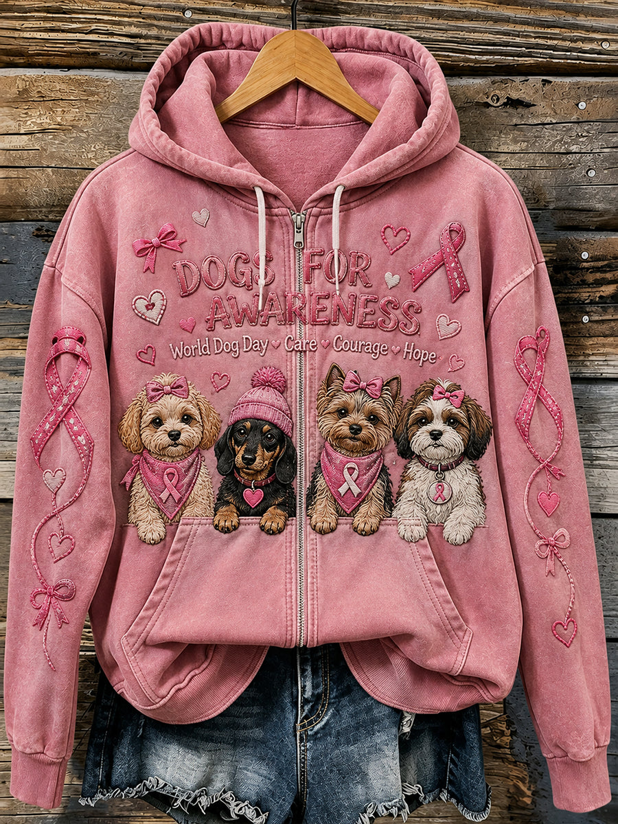 Women's Long-Sleeve Zip-Up Sweatshirt With Breast Cancer Awareness And World Dog Day Graphic Prints