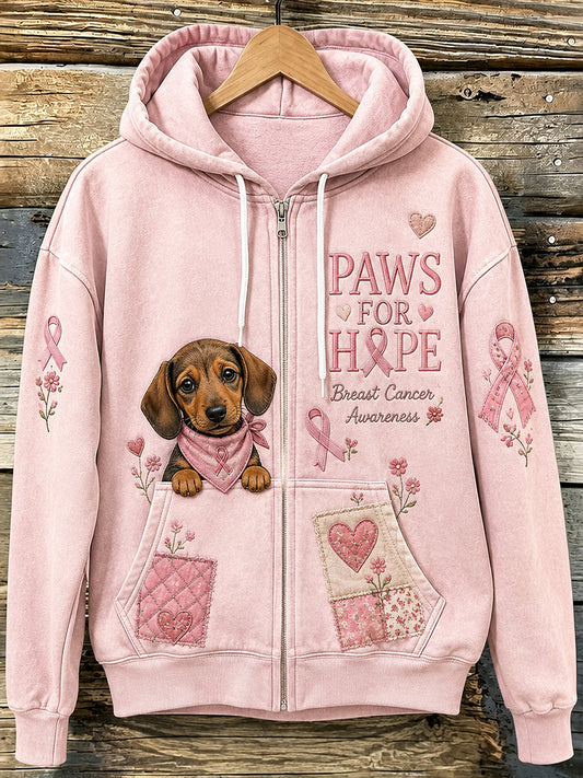 Women's Long-Sleeve Zip-Up Sweatshirt With Breast Cancer Awareness And World Dog Day Graphic Prints