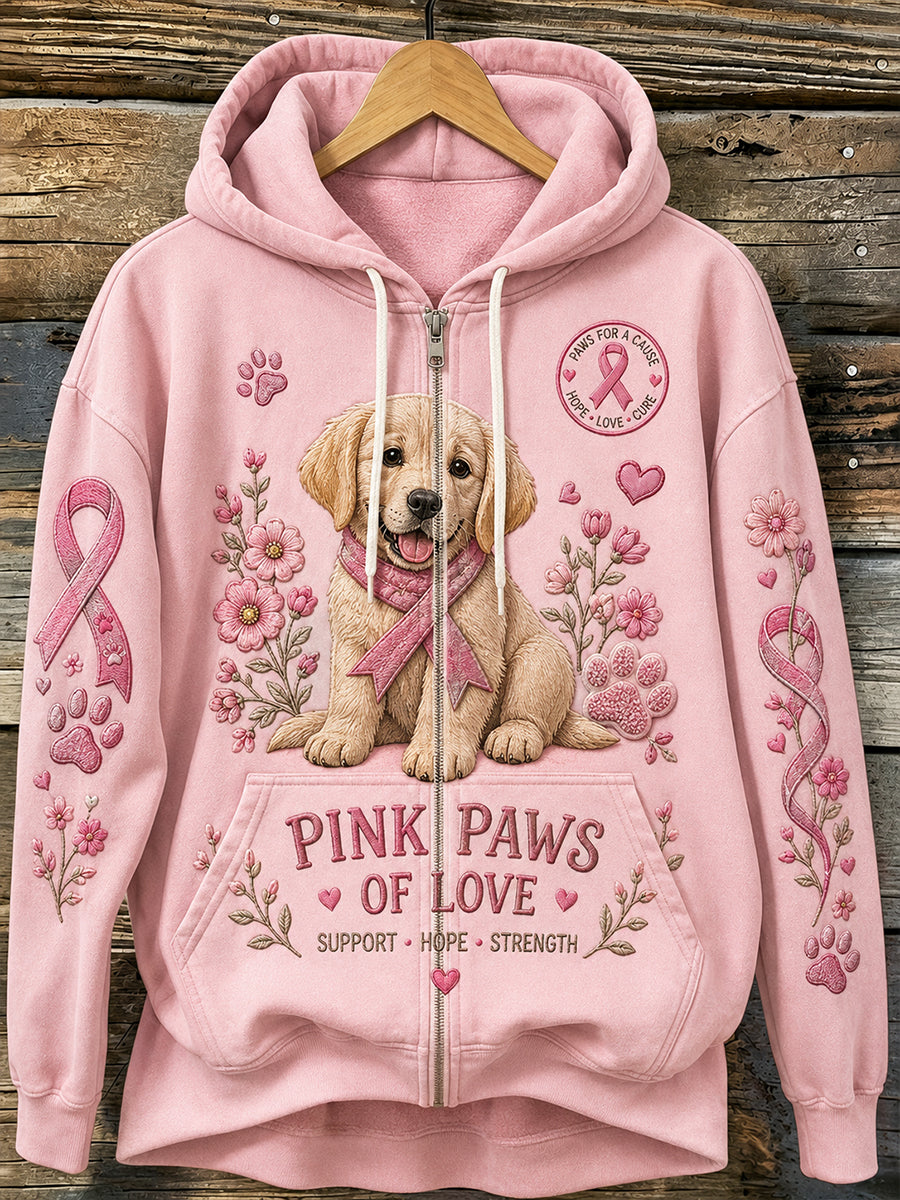 Women's Long-Sleeve Zip-Up Sweatshirt With Breast Cancer Awareness And World Dog Day Graphic Prints