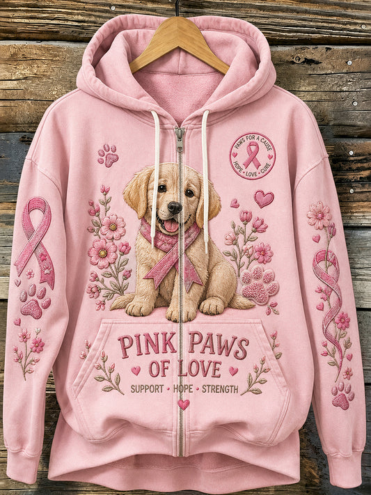 Women's Long-Sleeve Zip-Up Sweatshirt With Breast Cancer Awareness And World Dog Day Graphic Prints
