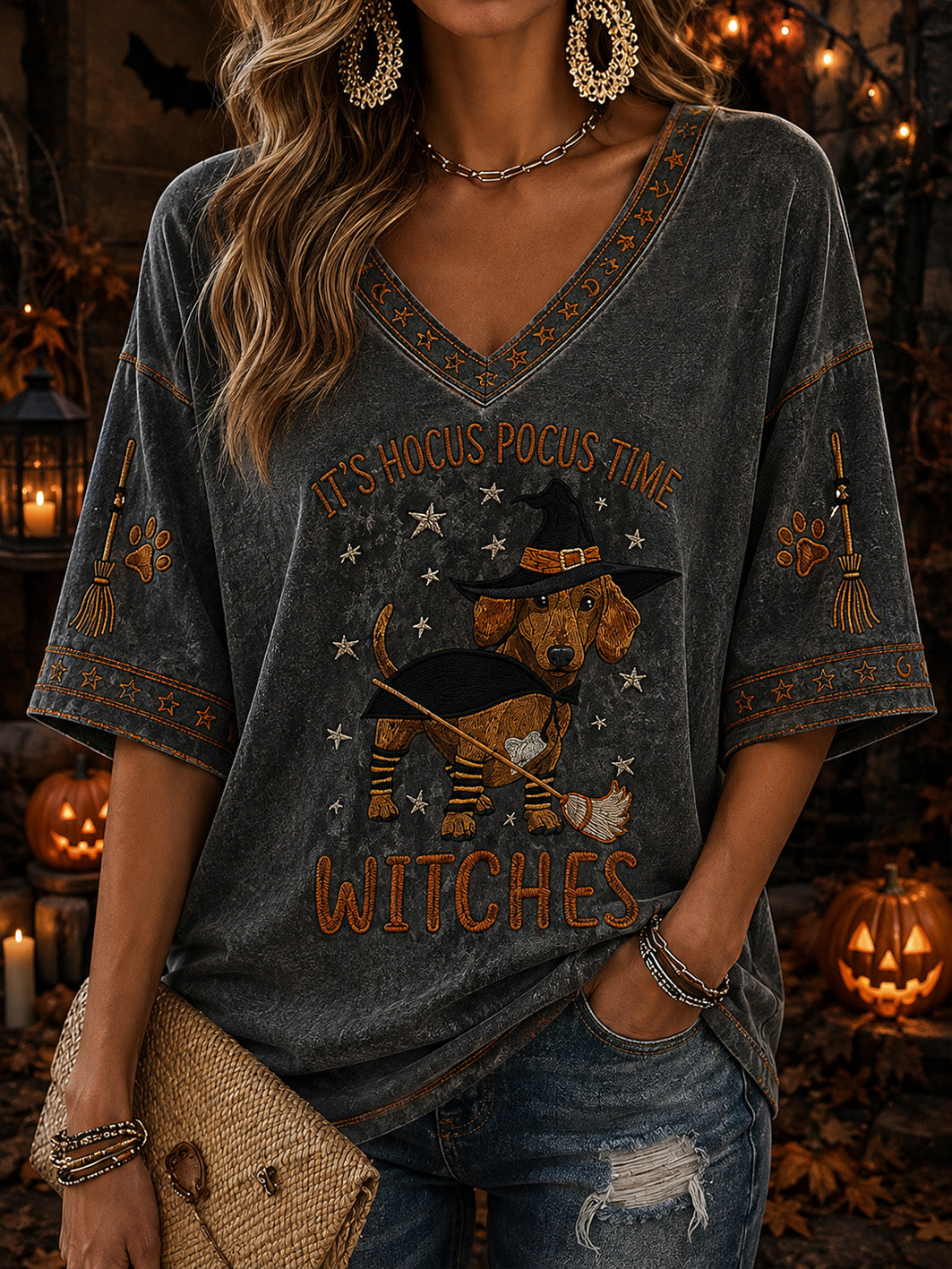 Women's Halloween Cute Dog Pattern Printed Casual Mid-length Sleeves V-Neck T-Shirt