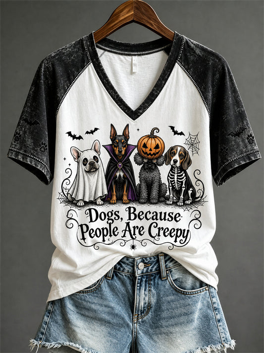 Women's Dogs Because People Are Creepy Halloween Dogs Print short-sleeved T-shirt
