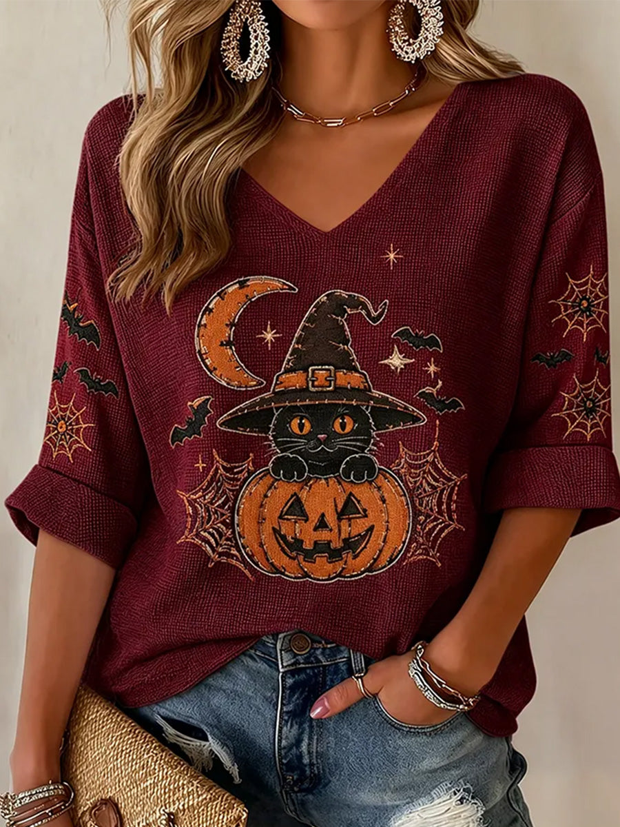 Women's Halloween Black Cat  Print Waffle V-Neck Tee