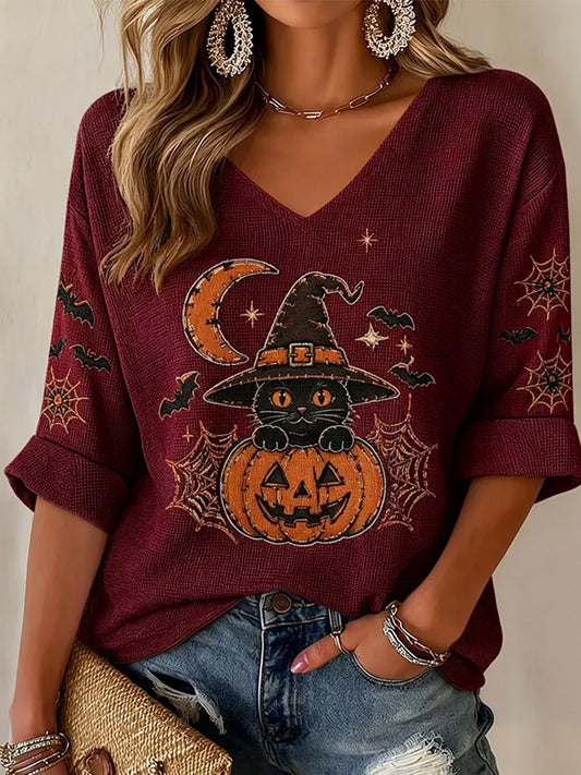 Women's Halloween Black Cat  Print Waffle V-Neck Tee