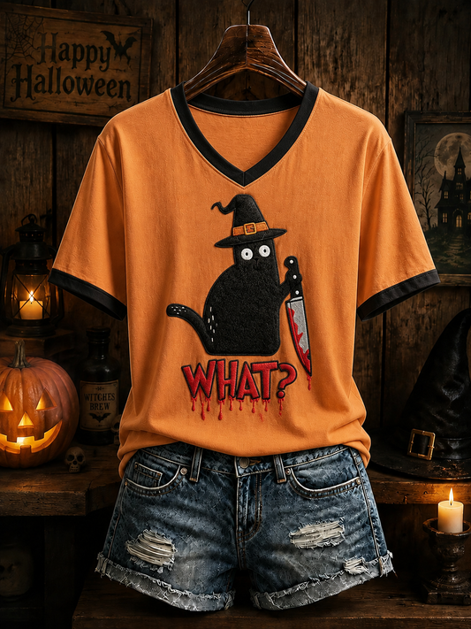 Women's Halloween Cat Short-sleeved T-shirt