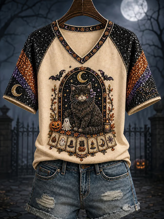 Women's Halloween Cat V-neck Off-shoulder Short-sleeved T-shirt