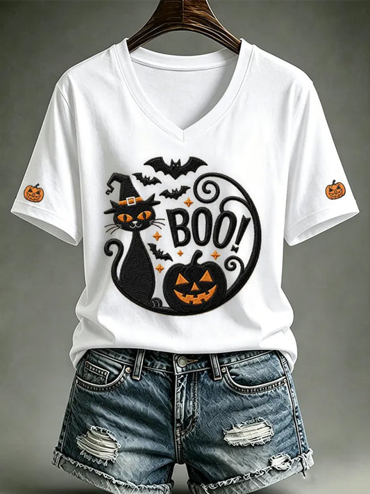 Women’s Halloween Black Cat Print Casual V-Neck Tee