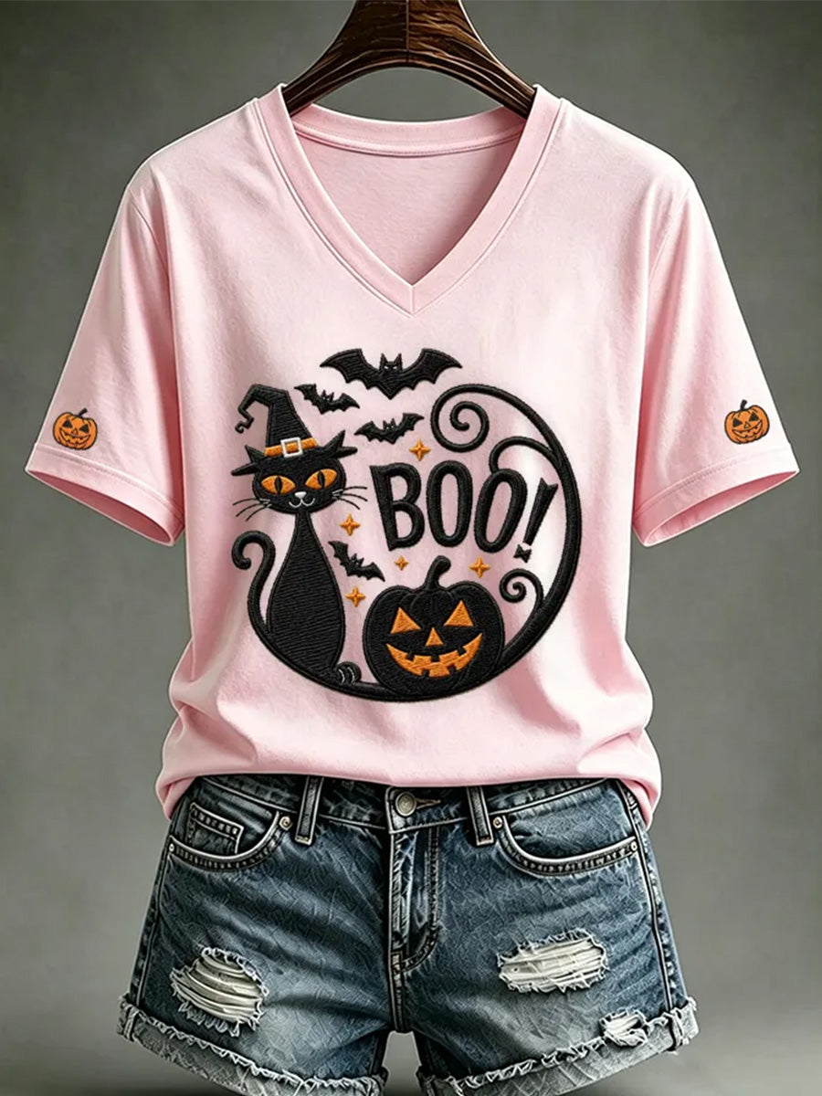 Women’s Halloween Black Cat Print Casual V-Neck Tee