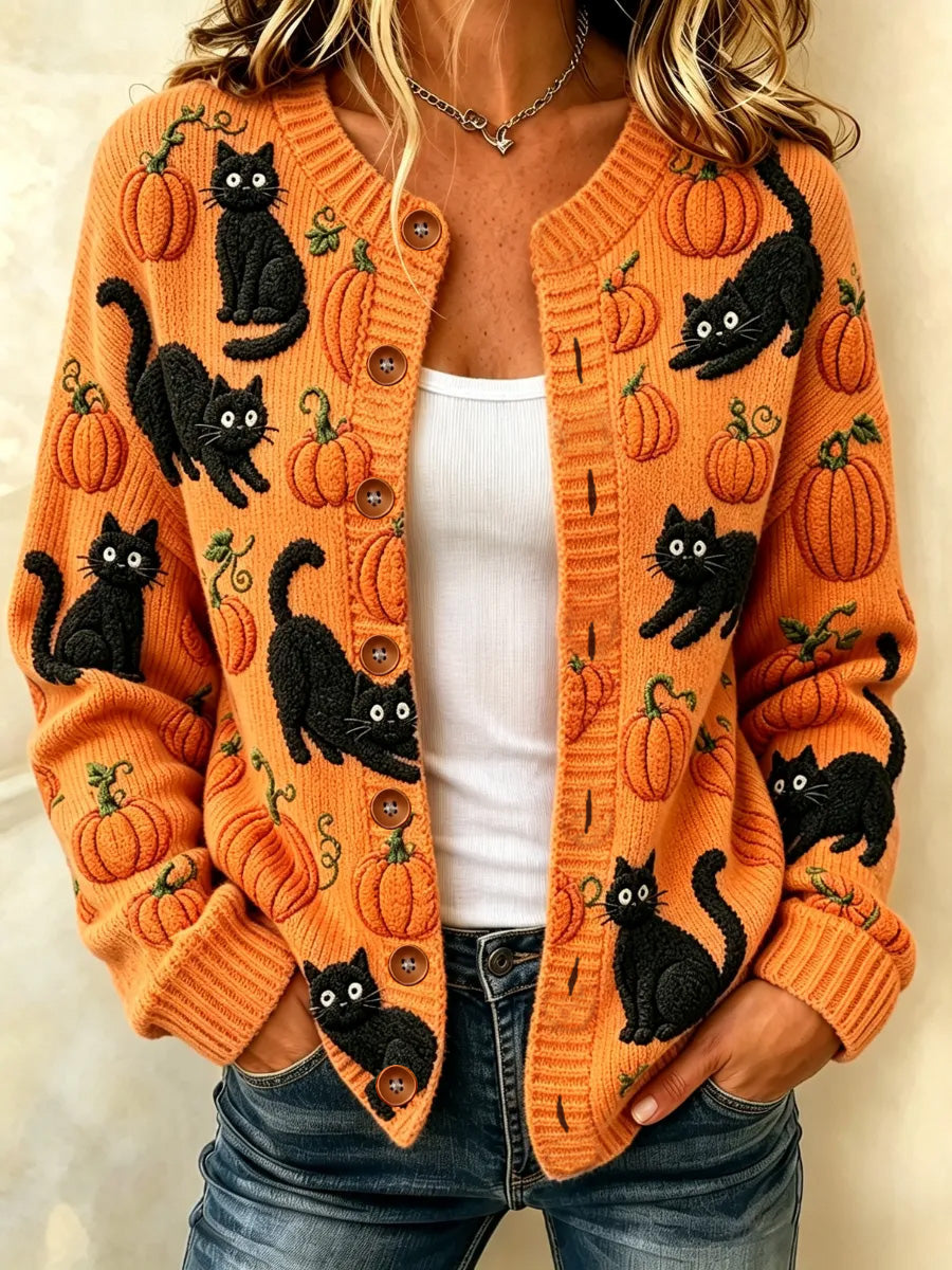 Women's Halloween Black Cat Print Top