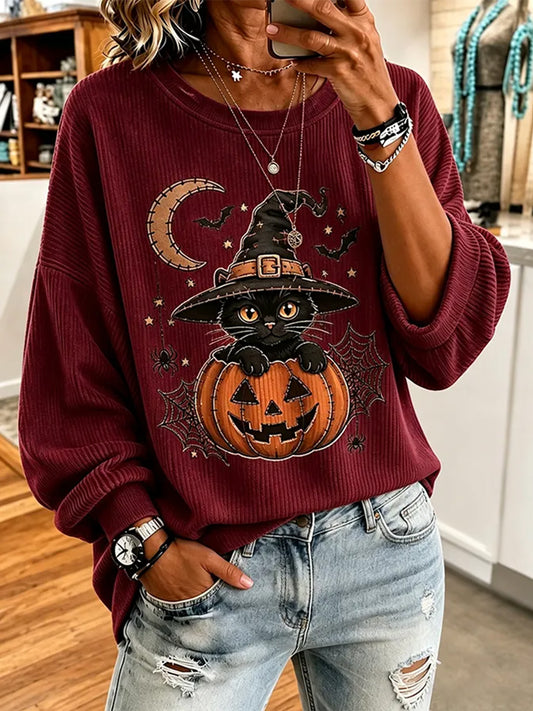Women's Halloween Black Cat Print Sweatshirt