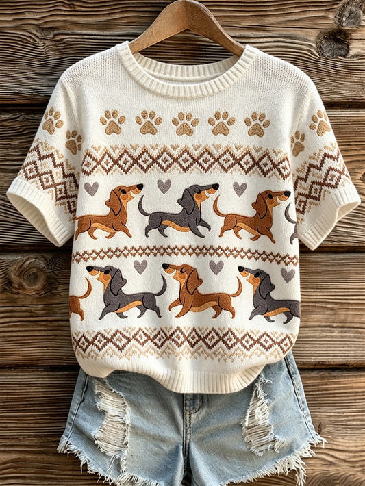 Women's cute little dog pattern casual short-sleeve sweater