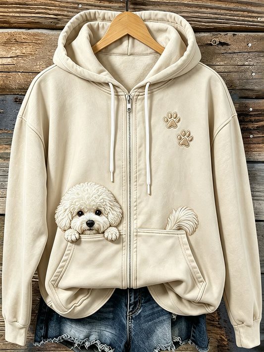 Women's Vintage Peeking Bichon Frise & Paw Print Cozy Zip-Up Hoodie