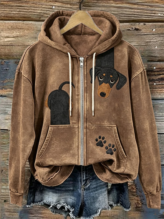 Women's Funny Dachshund Dog & Paw Prints Full Zip Hoodie