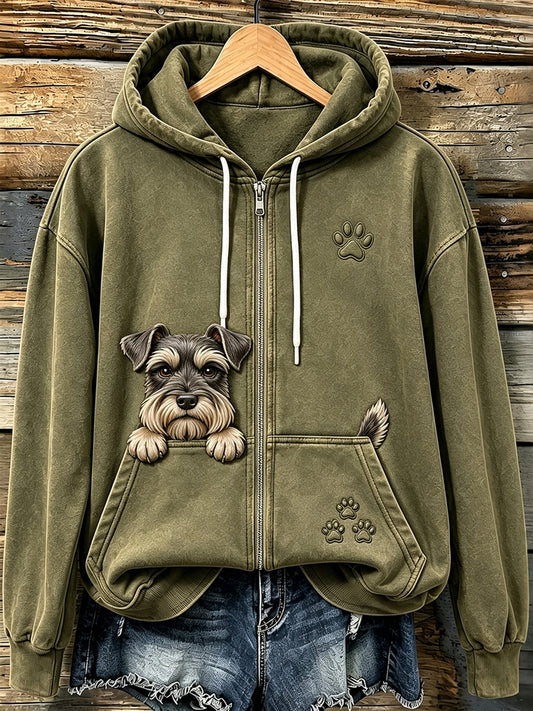 Women's Vintage Peeking Schnauzer & Paws Print Cozy Zip-Up Hoodie
