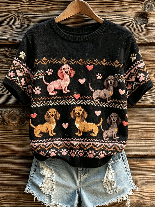 Women's cute little dog pattern casual short-sleeve sweater