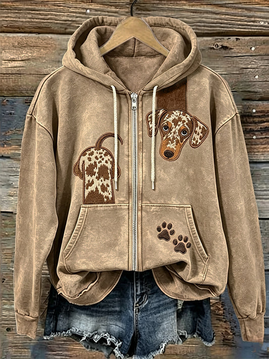 Women's Funny Dachshund Dog & Paw Prints Full Zip Hoodie